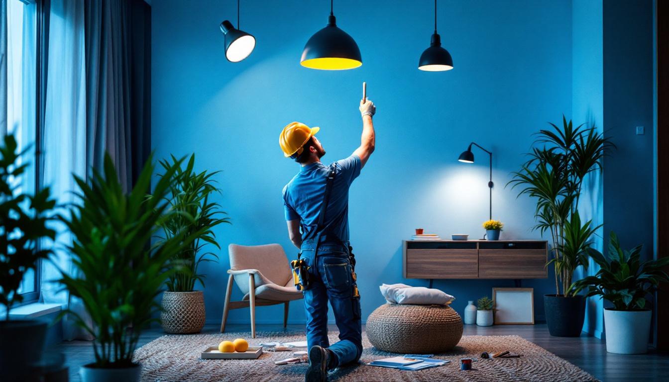 A photograph of a lighting contractor installing various types of can lights in a stylish interior space