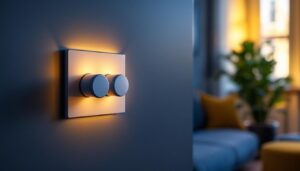 A photograph of a stylish living room setting showcasing a dimmer switch in use with various led light bulbs