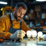 A photograph of a lighting contractor examining a selection of a19 light bulbs in a well-lit workspace