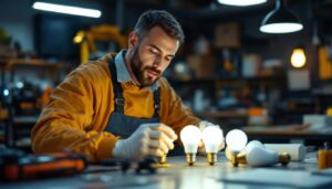 A photograph of a lighting contractor examining a selection of a19 light bulbs in a well-lit workspace