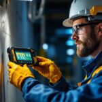 A photograph of a lighting contractor in action