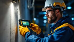 A photograph of a lighting contractor in action