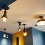A photograph of a well-lit ceiling featuring various stylish brackets for ceiling lights