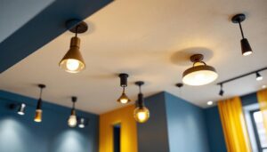 A photograph of a well-lit ceiling featuring various stylish brackets for ceiling lights