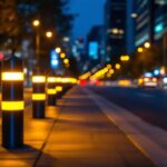 A photograph of a well-lit urban setting featuring various types of bollards