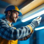 A photograph of a lighting contractor skillfully converting a fluorescent tube fixture to an led setup