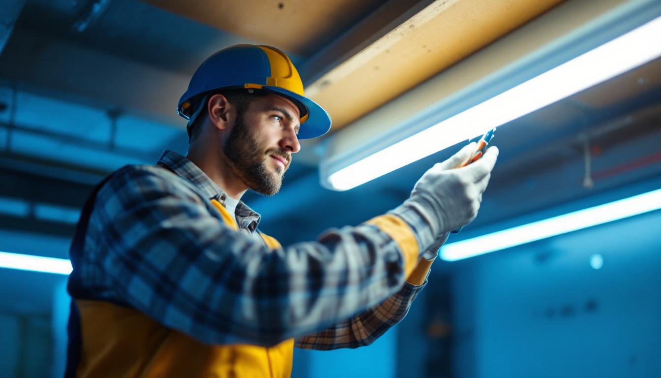 A photograph of a lighting contractor skillfully converting a fluorescent tube fixture to an led setup
