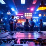 A photograph of capture a photograph of a bustling lighting contractor's workspace in houston