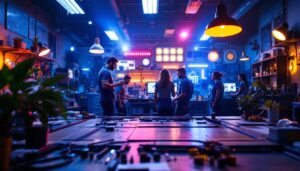 A photograph of capture a photograph of a bustling lighting contractor's workspace in houston