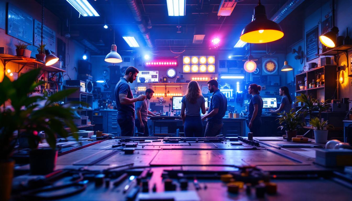 A photograph of capture a photograph of a bustling lighting contractor's workspace in houston