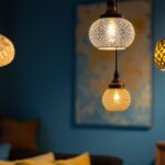 A photograph of a beautifully styled interior scene featuring an array of textured pendant lights hanging at varying heights