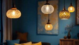 A photograph of a beautifully styled interior scene featuring an array of textured pendant lights hanging at varying heights