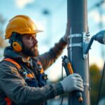 A photograph of capture a photograph of a lighting contractor installing a light pole bracket on a streetlight