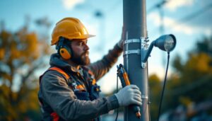 A photograph of capture a photograph of a lighting contractor installing a light pole bracket on a streetlight