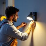 A photograph of a lighting contractor skillfully installing a modern led wall sconce in a stylish interior setting