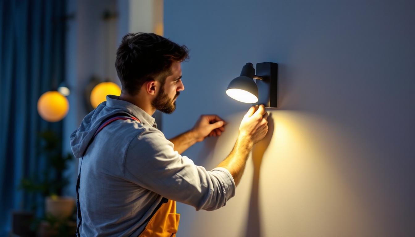 A photograph of a lighting contractor skillfully installing a modern led wall sconce in a stylish interior setting