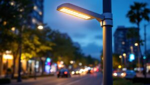 A photograph of a modern light pole integrated with energy-efficient led lights in an urban setting