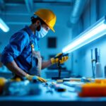 A photograph of a technician skillfully replacing a fluorescent ballast in a well-lit workspace