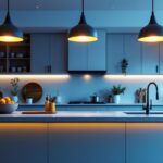 A photograph of a stylish kitchen island illuminated by modern pendant lights