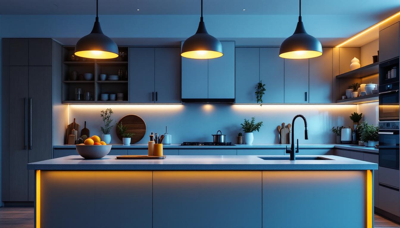 A photograph of a stylish kitchen island illuminated by modern pendant lights
