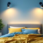 A photograph of a beautifully styled bedroom featuring over bed lights