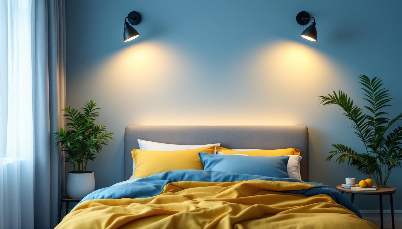 A photograph of a beautifully styled bedroom featuring over bed lights