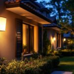 A photograph of a lighting contractor installing solar wall mount outdoor lights in a residential setting during twilight