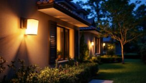 A photograph of a lighting contractor installing solar wall mount outdoor lights in a residential setting during twilight