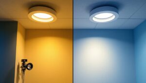 A photograph of a well-lit interior space showcasing both 6-inch and 4-inch recessed lights in a side-by-side comparison
