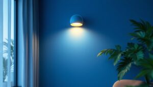 A photograph of a stylish surface-mounted lamp installed in a modern interior setting