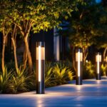 A photograph of a beautifully lit outdoor space featuring led bollards
