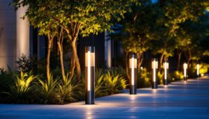 A photograph of a beautifully lit outdoor space featuring led bollards