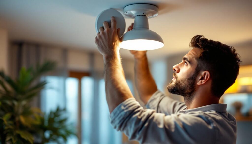 A photograph of a skilled lighting contractor expertly installing or adjusting a dz15s leviton lighting fixture in a well-lit residential or commercial space