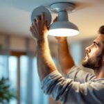 A photograph of a skilled lighting contractor expertly installing or adjusting a dz15s leviton lighting fixture in a well-lit residential or commercial space