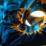 A photograph of a skilled lighting contractor in action