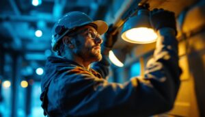 A photograph of a skilled lighting contractor in action