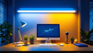 A photograph of a modern workspace featuring type a led tubes illuminating the environment