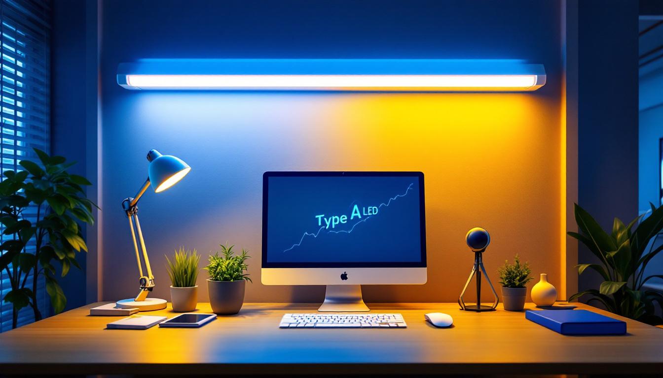 A photograph of a modern workspace featuring type a led tubes illuminating the environment