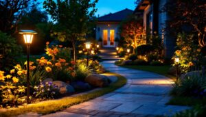 A photograph of a beautifully illuminated outdoor space at dusk