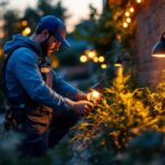 A photograph of a skilled lighting contractor installing small outdoor light fixtures in a beautifully landscaped garden at dusk
