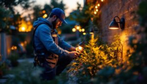 A photograph of a skilled lighting contractor installing small outdoor light fixtures in a beautifully landscaped garden at dusk