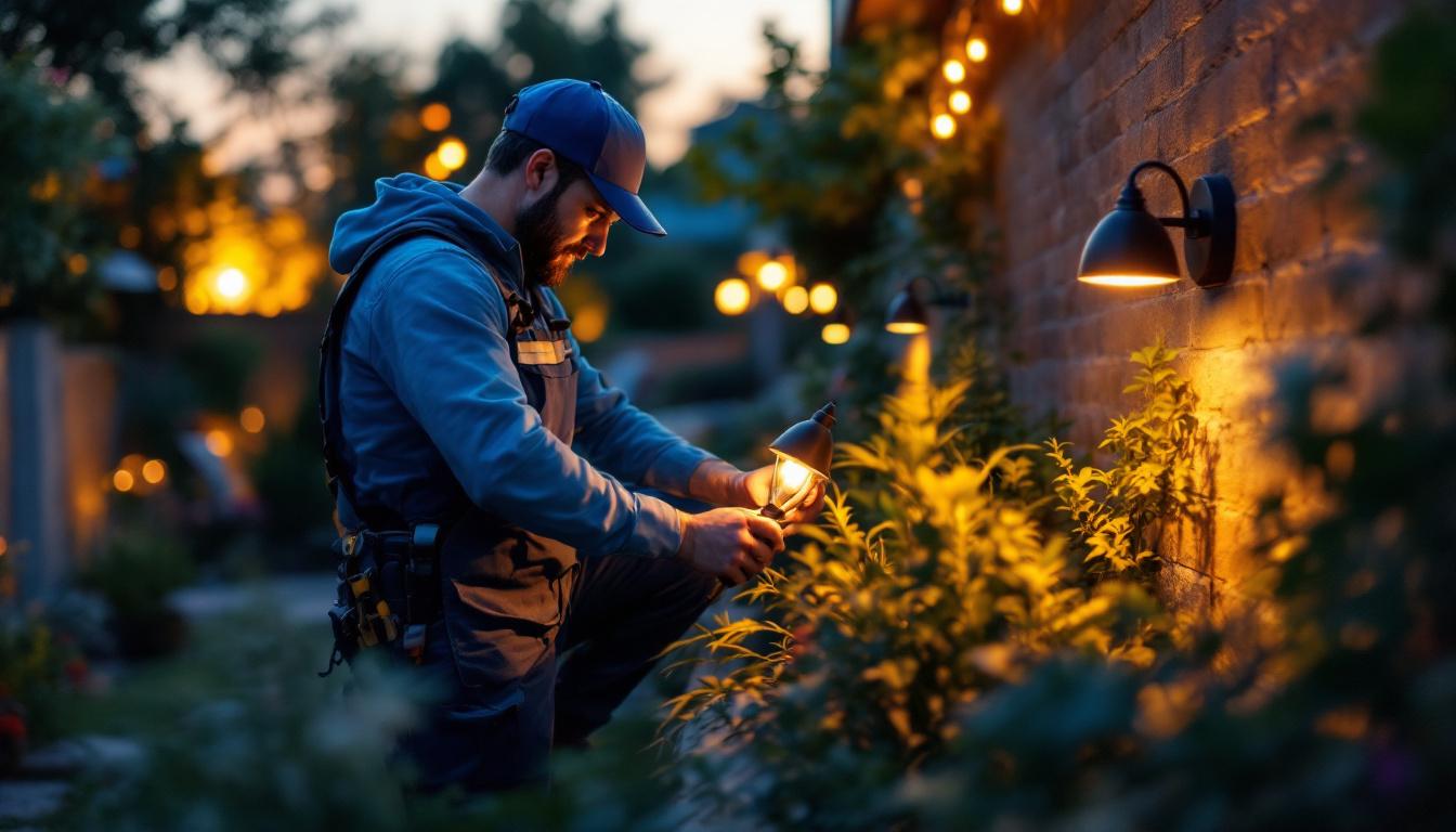 A photograph of a skilled lighting contractor installing small outdoor light fixtures in a beautifully landscaped garden at dusk