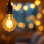 A photograph of a close-up of a flickering light bulb in a cozy home setting