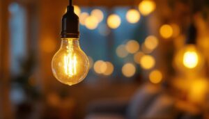 A photograph of a close-up of a flickering light bulb in a cozy home setting
