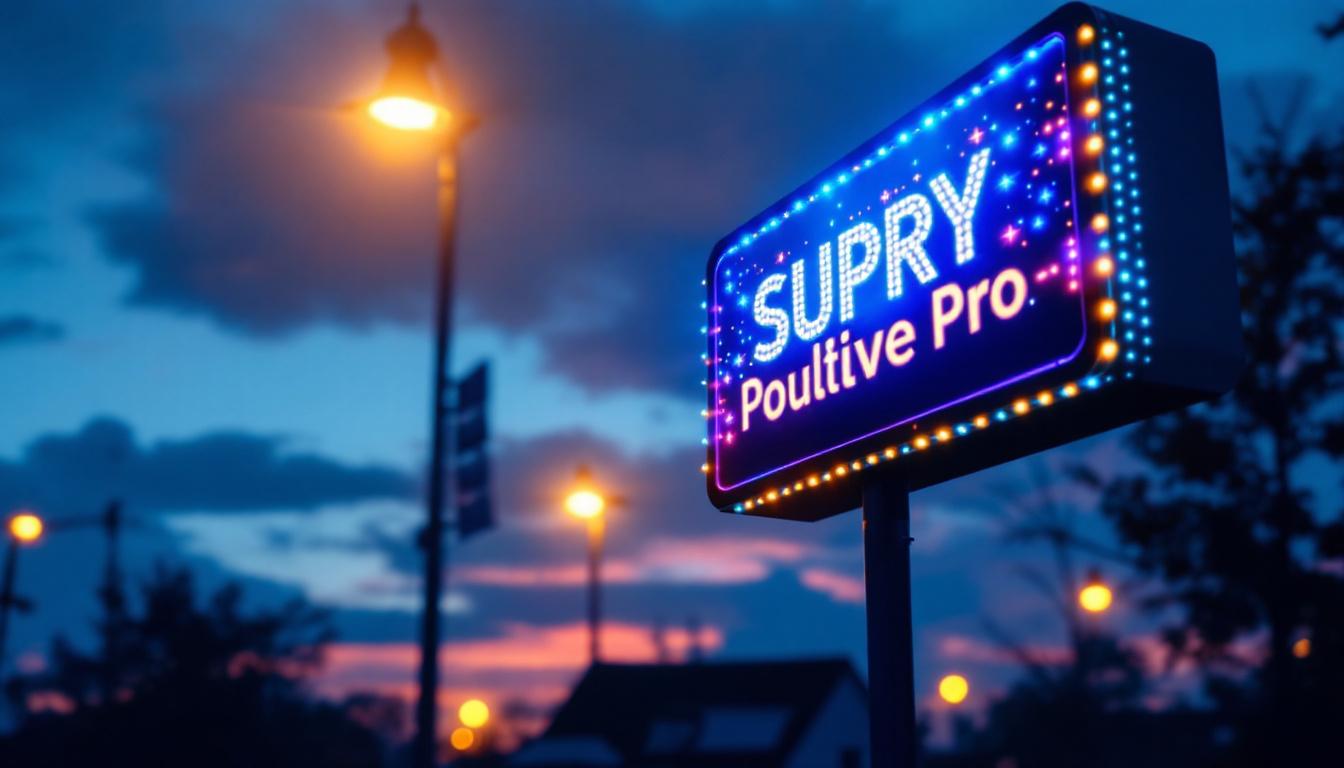 A photograph of a vibrant outdoor sign illuminated by led lights at dusk