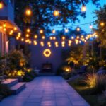 A photograph of a beautifully illuminated outdoor space featuring string lights draped across a patio or garden