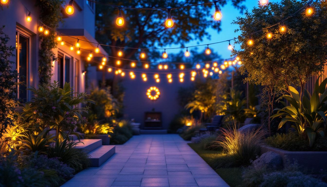 A photograph of a beautifully illuminated outdoor space featuring string lights draped across a patio or garden