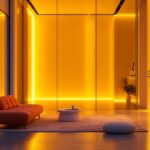 A photograph of a beautifully designed interior space illuminated by vibrant led strip lights