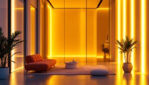 A photograph of a beautifully designed interior space illuminated by vibrant led strip lights