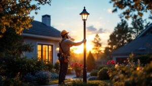 A photograph of a lighting contractor skillfully installing a stylish home light post in a beautifully landscaped yard during the golden hour